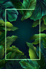 Neon blue and green leaves background Layout, Fluorescent Green Frame, Green background, Tropical jungle frame, Palm leaves background, Leaf background