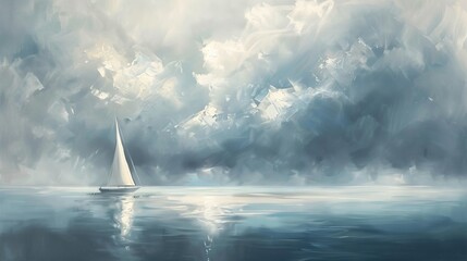 A minimalist seascape with a single sailboat under a vast sky, portrayed in a modern oil painting technique. - obrazy, fototapety, plakaty