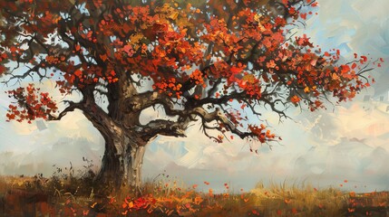 A nostalgic oil painting of a tree from one's childhood home, adorned with autumn flowers, evoking memories of simpler times.