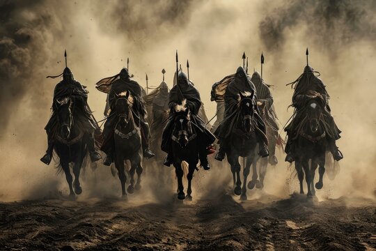 Brave Army warriors horseback rider. Army soldiers outdoor. Generate Ai