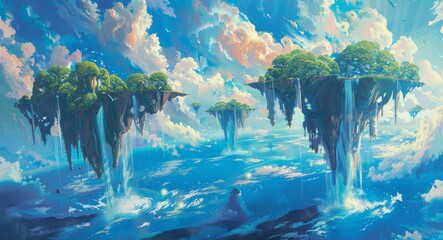 A surreal seascape with floating islands and cascading waterfalls, in a vibrant oil painting style. - obrazy, fototapety, plakaty