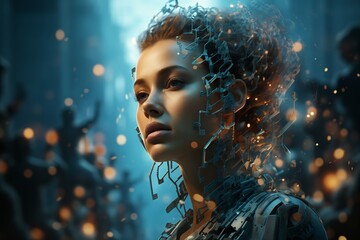 Cyberspace woman amidst floating sparks - obrazy, fototapety, plakaty