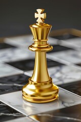 Golden king chess piece on board symbolizes business success, leadership, strategic thinking