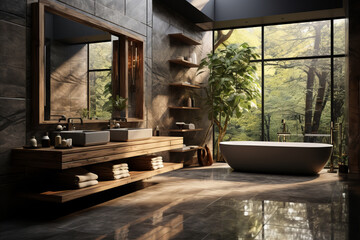 Stylish interior of bathroom in modern forest house.