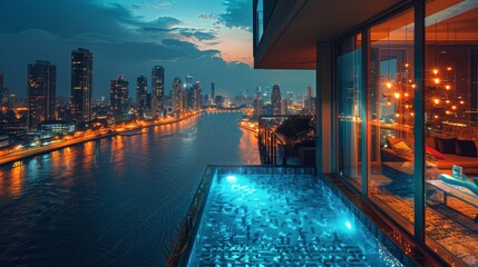 Swimming Pool With City Skyline in the Background