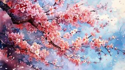 A watercolor painting of cherry blossoms in full bloom, symbolizing renewal and the fleeting nature of life, set against a tranquil sky.