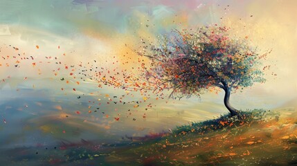 A whimsical oil painting of a tree whose autumn flowers seem to dance in the wind, set against a dreamy landscape.