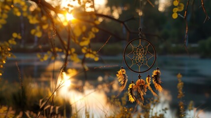 dreamcatcher dusk: serene lake under a summer evening sun, framed by a symbol of harmony and tranquility - obrazy, fototapety, plakaty