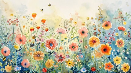 A whimsical watercolor garden scene, filled with a variety of flowers and buzzing bees, evoking a sense of joy and abundance. - obrazy, fototapety, plakaty