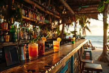 Wooden bar counter with summer cocktails on the seashore. Vacation, travel, beach holiday concept. Generated by artificial intelligence