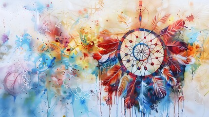 vivid dreamscape: a watercolor illustration of a colorful dreamcatcher with ethereal feathers against an artistic background