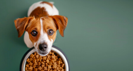 Cute Jack Russell Terrier dog looks up at the camera from below, standing in front of a bowl of food on a green background. Empty space for text. Generated AI