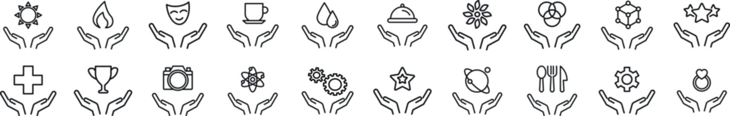 Fotobehang Pack of linear symbols of items over hands. Editable stroke. Linear symbol for web sites, newspapers, articles book © Диля Альмухамбетова