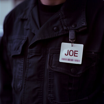 Concept of name tag on blue collar working man named Joe.