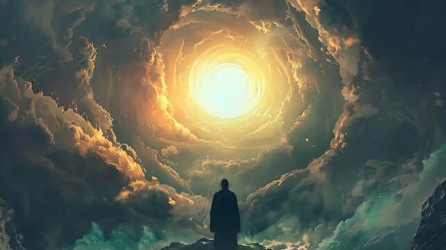 gateway to transcendence: a silhouette meditates atop a peak, enveloped by a cloud vortex with a radiant tunnel of light