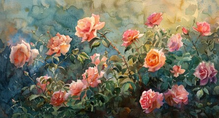 Fototapeta na wymiar An old-fashioned watercolor rose garden at dusk, evoking timeless elegance and the quiet closing of a summer day