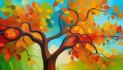 An oil painting of a colorful autumn tree with abstract brushstrokes