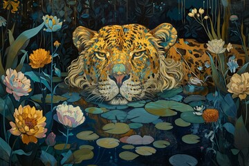 Exotic Tropical art leopard wild animal. Asia nature cat. Generate Ai - obrazy, fototapety, plakaty