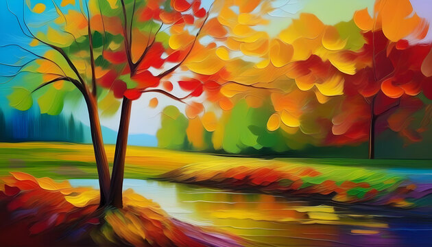 An oil painting of a tree with vibrant orange, red, and yellow leaves 
