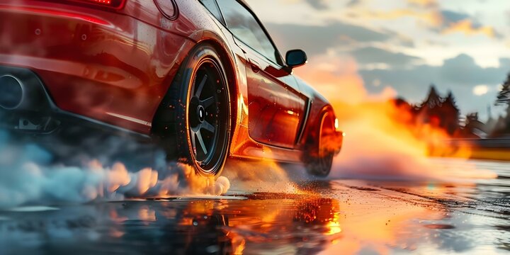 A highperformance car scorches rubber with a fiery start at a race. Concept Automotive photography, high speed, race car, burning rubber, adrenaline rush