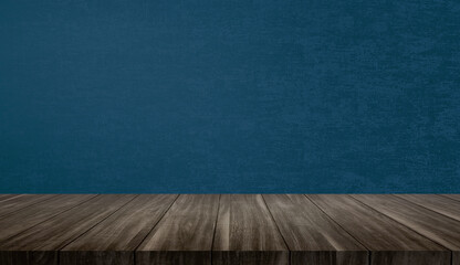 empty wood table at foreground with blue color fabric wallpaper at background for product placement...