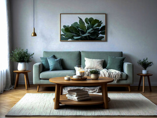 Modern Living Room with Chic Green Couch and Wooden Accents