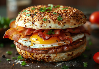 An English muffin sandwich with crispy bacon, egg and cheese. AI generated