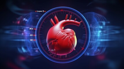 Health Concept: High Cholesterol Blood Pressure, Human Heart with Digital Panel Show Pulse - obrazy, fototapety, plakaty