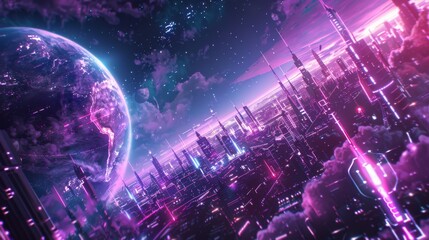 Cyberpunk-inspired illustration of Earth, showing a dystopian future with high-tech cities and neon lights as seen from space.