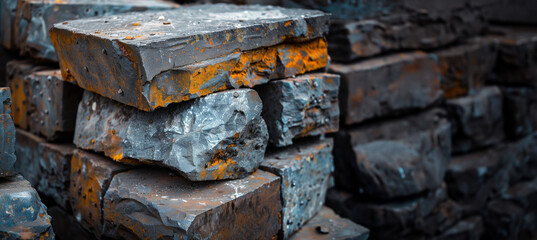 stacks of iron rich rocks being prepared for a foundry 