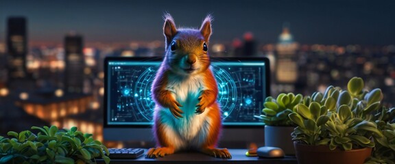 squirrel smiling showing approving glowing plant growing on representing digital ecology - obrazy, fototapety, plakaty