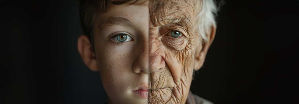 A split portrait of a man and boy when they were young and old. representing the progress of time, aging, skincare, and the contrast between youth and old age. with copy space