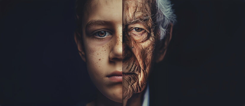 A split portrait of a man and boy when they were young and old. representing the progress of time, aging, skincare, and the contrast between youth and old age. with copy space