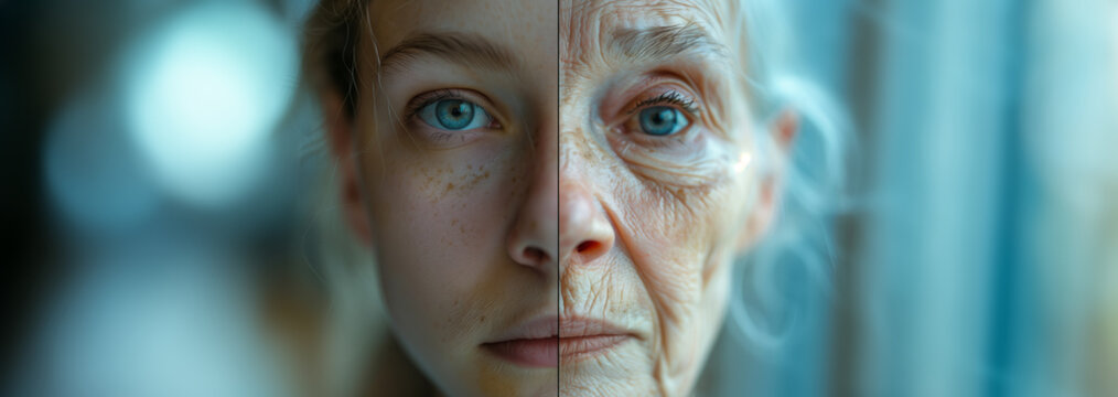 A split portrait of a woman and girl when they were young and old. representing the progress of time, aging, skincare, and the contrast between youth and old age. with copy space