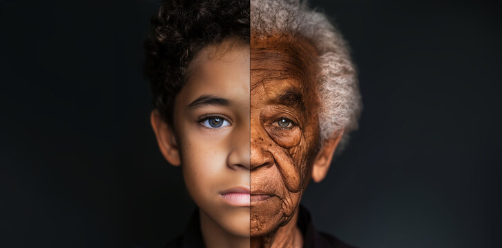 A split portrait of a man and boy when they were young and old. representing the progress of time, aging, skincare, and the contrast between youth and old age. with copy space