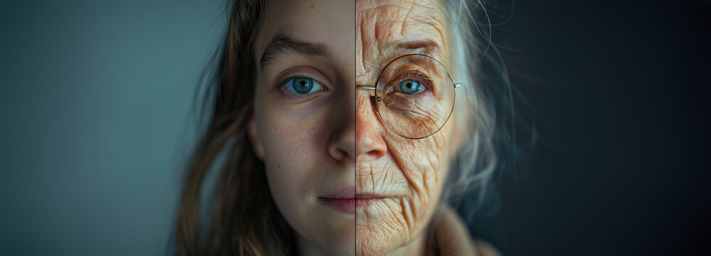 A split portrait of a woman and girl when they were young and old. representing the progress of time, aging, skincare, and the contrast between youth and old age. with copy space