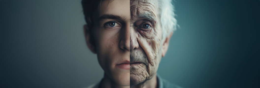 A split portrait of a man and boy when they were young and old. representing the progress of time, aging, skincare, and the contrast between youth and old age. with copy space