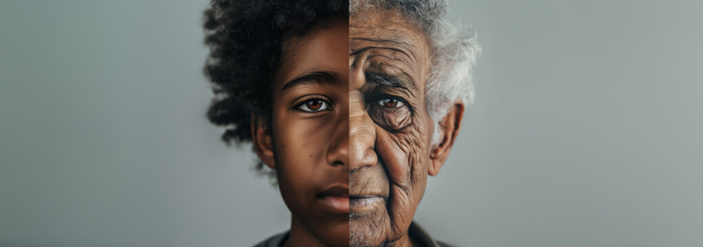 A split portrait of a man and boy when they were young and old. representing the progress of time, aging, skincare, and the contrast between youth and old age. with copy space
