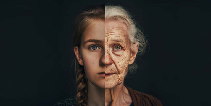 A split portrait of a woman and girl when they were young and old. representing the progress of time, aging, skincare, and the contrast between youth and old age. with copy space