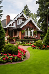 Fototapeta na wymiar Elegant and Beautifully Crafted Brick Dwelling House Surrounded by a Verdant Lawn and Charming Garden