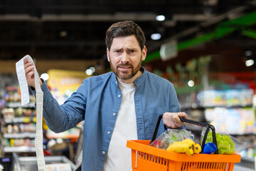 Portrait of unsatisfied shopper, expensive goods in supermarket, mature man looking upset at...