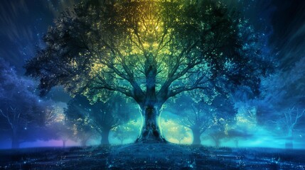 Fantasy forest abstract with mystical trees and magical glows.