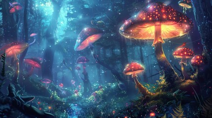 Fototapeta na wymiar Fantasy forest with glowing mushrooms and mystical creatures, visualized in an enchanting oil painting style.