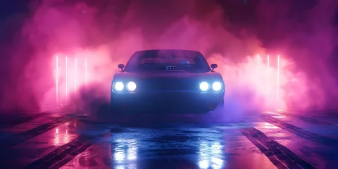 Fotobehang Neon Lights Illuminate Drifting Car with Tire Tracks in Smoky Atmosphere. Concept Neon Lights, Drifting Car, Tire Tracks, Smoky Atmosphere, Night Photography © Ян Заболотний