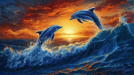 Playful dolphins leaping above ocean waves at sunset, created in a vibrant oil painting style.