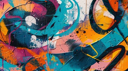 Graffiti-inspired abstract oil painting background with street art elements and bold lettering.