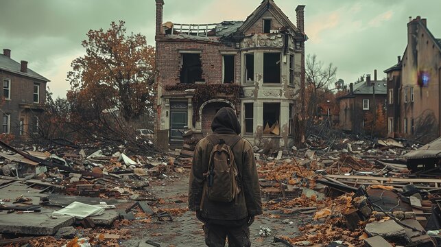 Man looking at his own house in total destruction after war, sad condition.