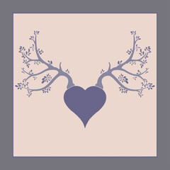 Vector illustration of a heart with antlers made from branches and leafs - forest love