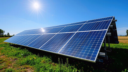 Solar photovoltaic panels on the field. Alternative power energy concept.