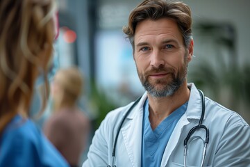 Smiling male doctor engaging with colleague - obrazy, fototapety, plakaty